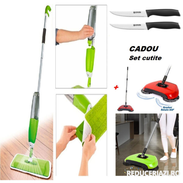 Mop cu Pulverizator 2 in 1 Easy Spray Germania + Matura Rotativa 3 in 1 Magic Broom, cu tava de colectare + CADOU Set 2 Cutite inox