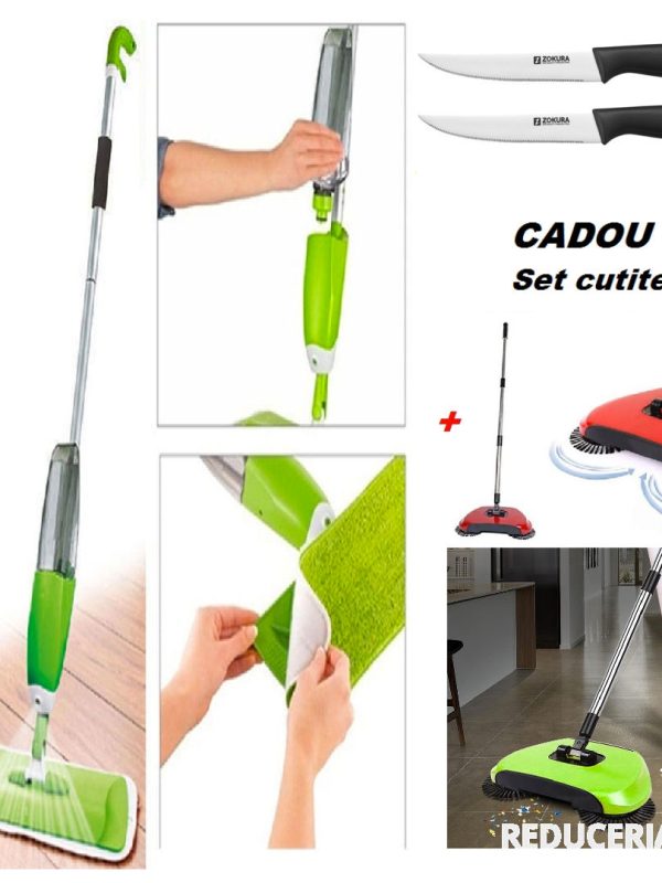 Mop cu Pulverizator 2 in 1 Easy Spray Germania + Matura Rotativa 3 in 1 Magic Broom, cu tava de colectare + CADOU Set 2 Cutite inox