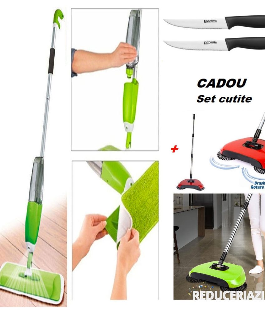 Mop cu Pulverizator 2 in 1 Easy Spray Germania + Matura Rotativa 3 in 1 Magic Broom, cu tava de colectare + CADOU Set 2 Cutite inox