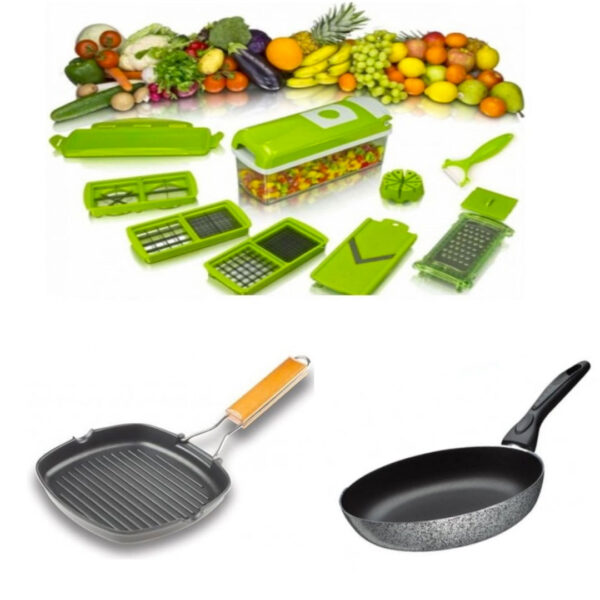Razatoarea Nicer Dicer cu 11 moduri de taiere, pentru fructe si legume + Tigaie Grill cu maner pliabil + Tigaie teflon 24cm!