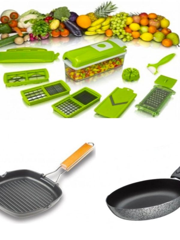 Razatoarea Nicer Dicer cu 11 moduri de taiere, pentru fructe si legume + Tigaie Grill cu maner pliabil + Tigaie teflon 24cm!