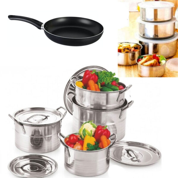 Set 4 Oale Inox Cu Capac Stock Pot, 4l, 5l, 8l, 10l Cu Manere De Prindere + Tigaie teflon Delis 24x6,5cm + Cadou Set 5 Vase inox + capace!