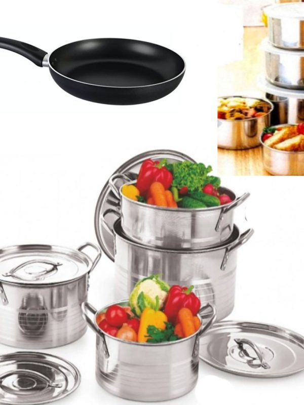Set 4 Oale Inox Cu Capac Stock Pot, 4l, 5l, 8l, 10l Cu Manere De Prindere + Tigaie teflon Delis 24x6,5cm + Cadou Set 5 Vase inox + capace!