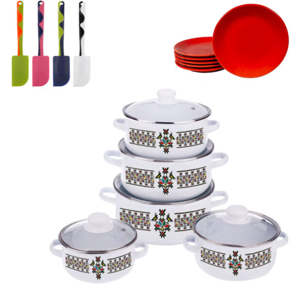 Set gatit 10 piese, otel emailat + Set 6 farfurii Portelan, desert, 19cm + Cadou Spatula Silicon!