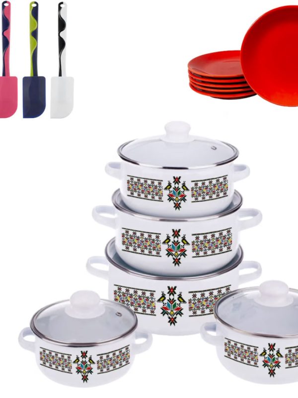 Set gatit 10 piese, otel emailat + Set 6 farfurii Portelan, desert, 19cm + Cadou Spatula Silicon!