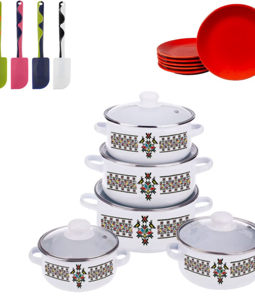 Set gatit 10 piese, otel emailat + Set 6 farfurii Portelan, desert, 19cm + Cadou Spatula Silicon!