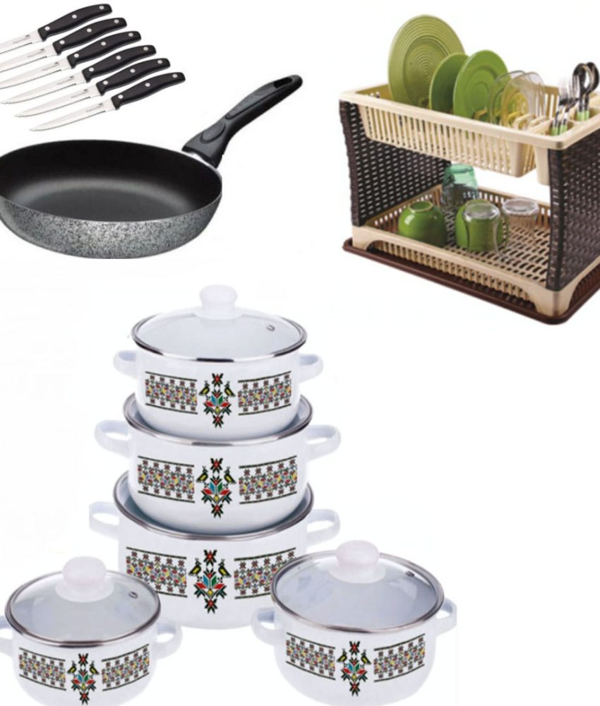 Set Premium Oale si Cratite 10 piese, otel carbon + Suport de vase etajat, model ratan + Tigaie teflon Delis 24cm + Set 6 cutite inox, pentru friptura!