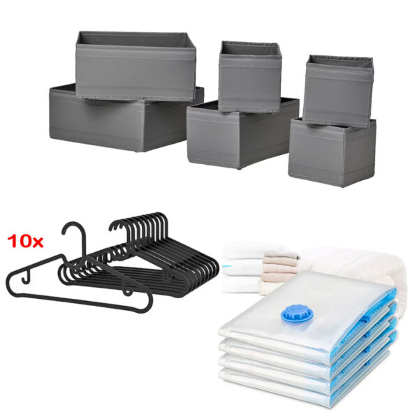 Set 6 buc cutii depozitare ,10 umerase plus 4 saci de vidat haine cu dimensiunea de 70x110 cm