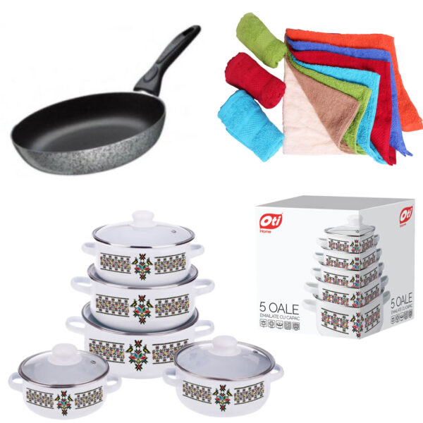 Set de gatit 10 piese, email, model traditional + Tigaie teflon Delis 24cm + Cadou Set 5 Prosoape bucatarie, bumbac, 30x50cm