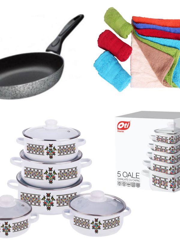 Set de gatit 10 piese, email, model traditional + Tigaie teflon Delis 24cm + Cadou Set 5 Prosoape bucatarie, bumbac, 30x50cm