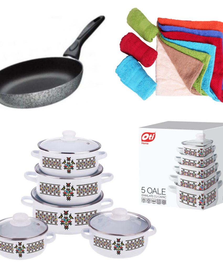 Set de gatit 10 piese, email, model traditional + Tigaie teflon Delis 24cm + Cadou Set 5 Prosoape bucatarie, bumbac, 30x50cm