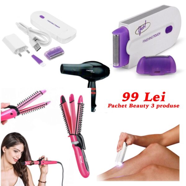 Pachet Beauty 3 Produse: Epilator Finishing Touch cu accesorii incluse, tehnologie Sensa Light, fara fir + Placa de par 3 in 1 + Cadou Feon