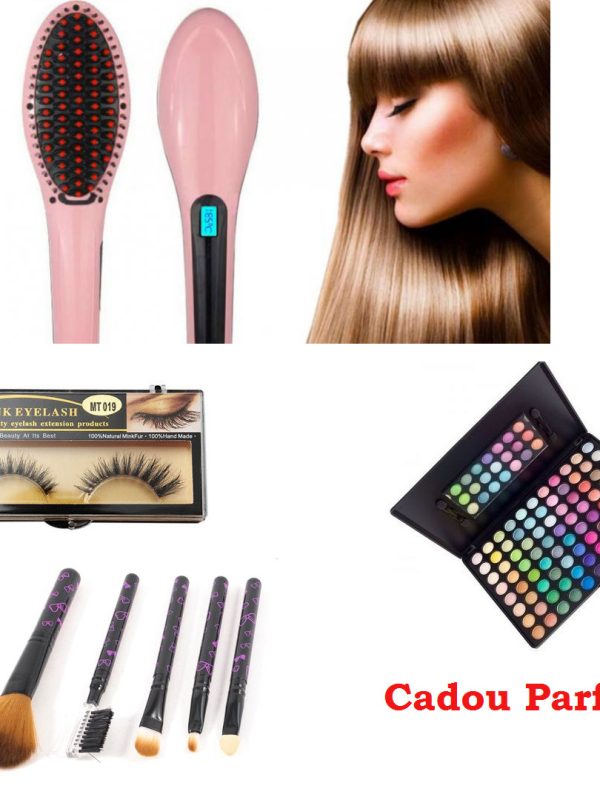 Pachet Beauty: Perie electrica profesionala de indreptat parul Straight Brush + Trusa farduri, 88 culori + Set 5 pensule make-up + Set gene false! CADOU parfum Luxury 30ml!