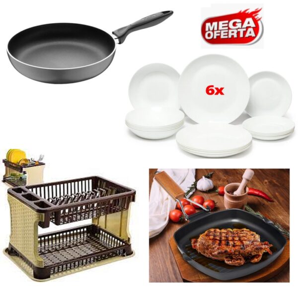 Suport de vase cu tava de scurgere + Tigaie teflon + Tigaie grill non stick + Set 6 farfurii mari din opal!
