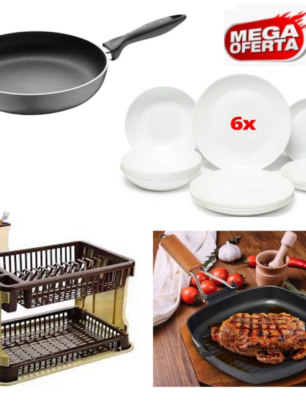 Suport de vase cu tava de scurgere + Tigaie teflon + Tigaie grill non stick + Set 6 farfurii mari din opal!