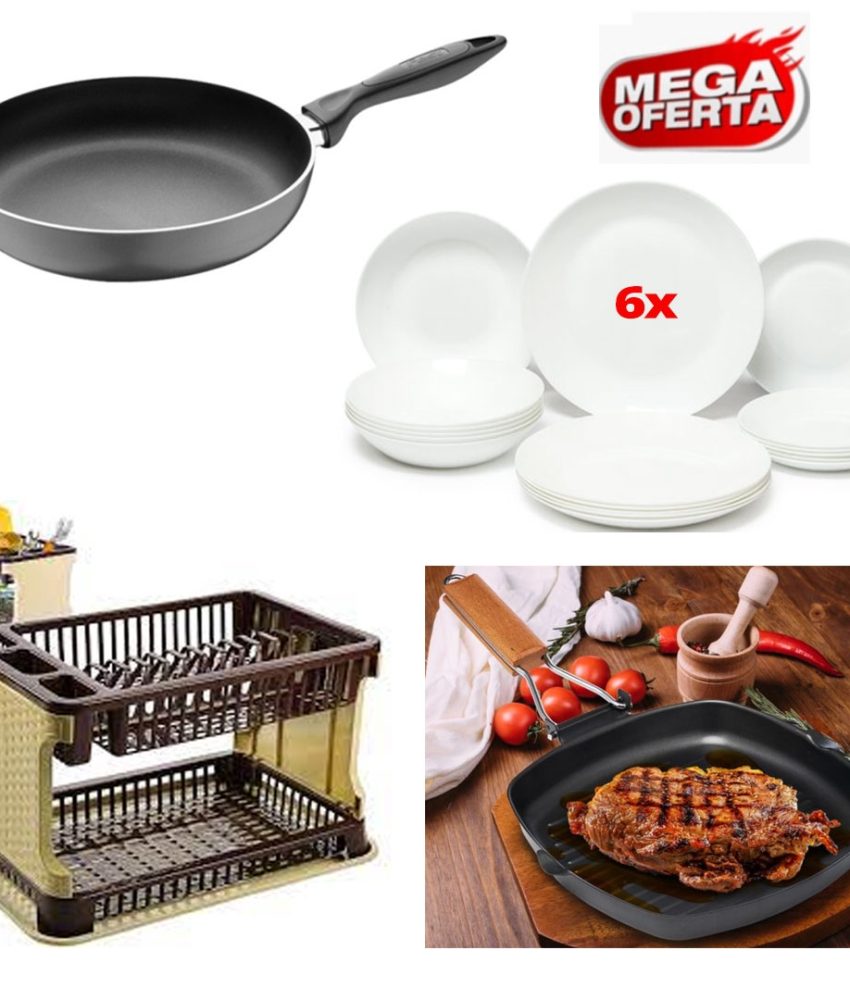 Suport de vase cu tava de scurgere + Tigaie teflon + Tigaie grill non stick + Set 6 farfurii mari din opal!