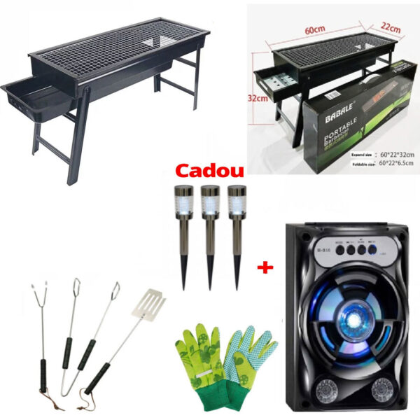 Gratar Carbuni Grunberg 60 X 33 X 22 cm + Set 3 Ustensile gratar + Boxa Portabila Bluetooth + Set 3 Lampi Cu Incarcare Solara + Cadou Set Manusi Gradina