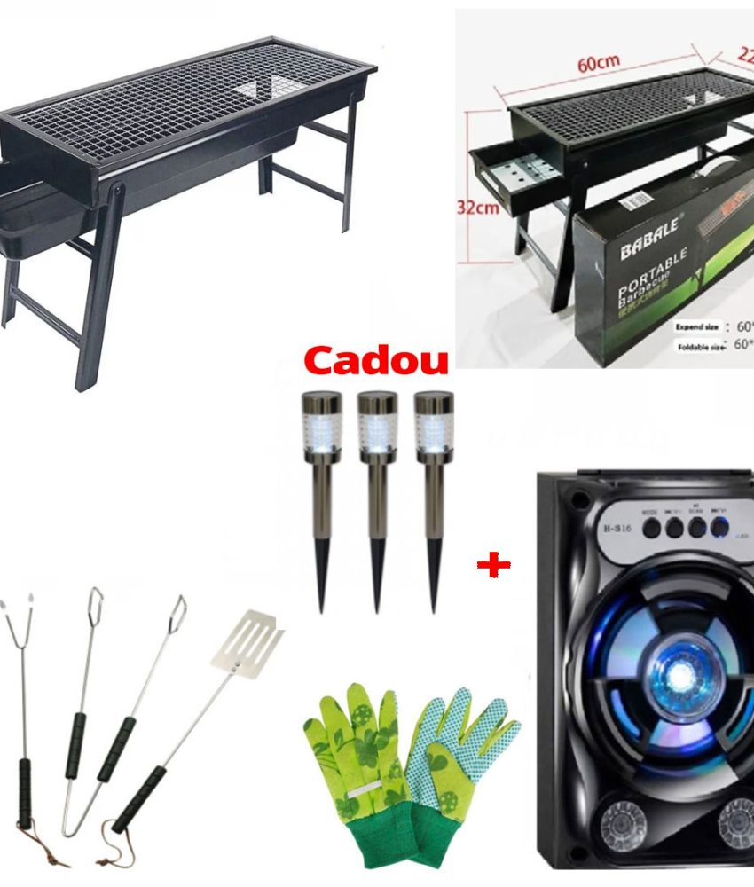 Gratar Carbuni Grunberg 60 X 33 X 22 cm + Set 3 Ustensile gratar + Boxa Portabila Bluetooth + Set 3 Lampi Cu Incarcare Solara + Cadou Set Manusi Gradina