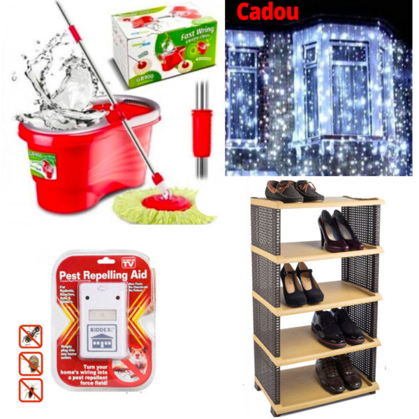 Pachet mixt 4 Produse: Mop Rotativ cu Galeata Easy Clean + Etajera pantofi 5 polite, impletitura tip ratan+ Pest reject aparat cu ultrasunete impotriva daunatorilor + Cadou Perdea luminoasa,