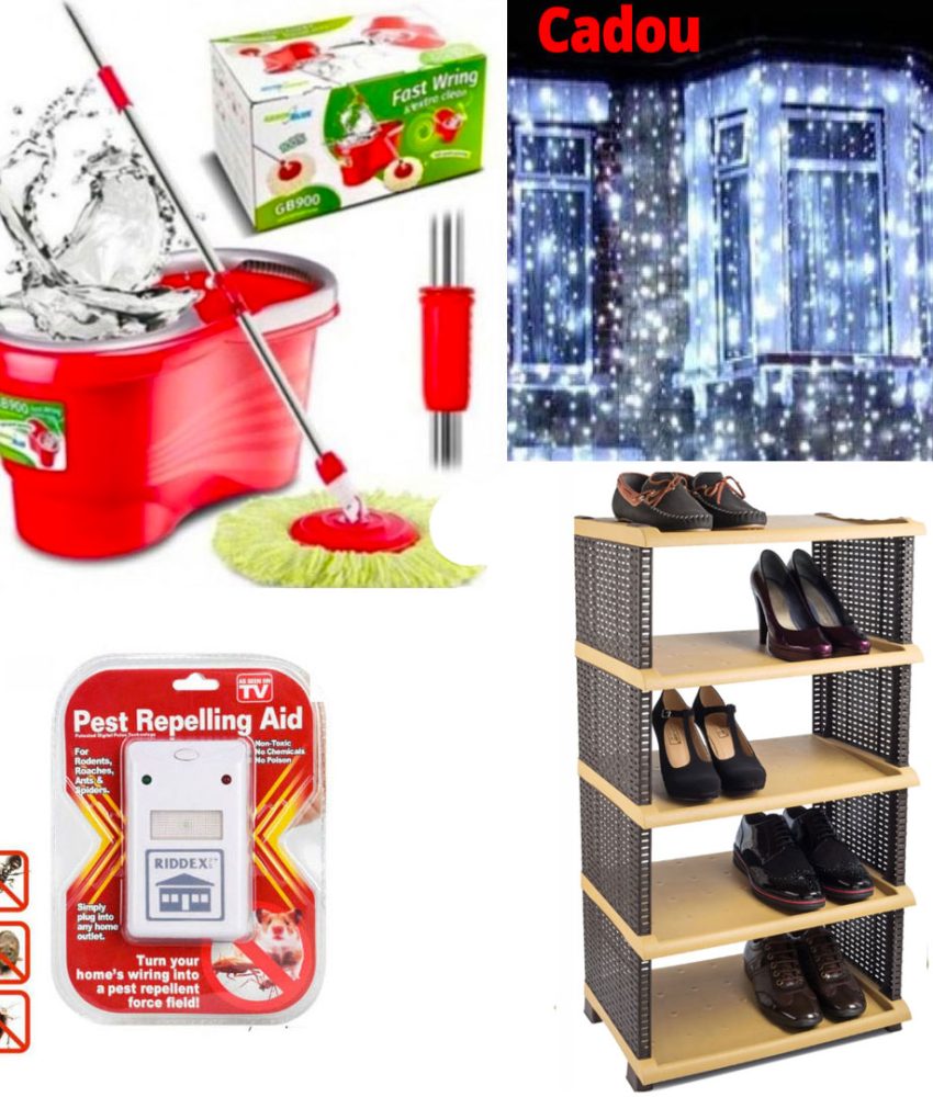 Pachet mixt 4 Produse: Mop Rotativ cu Galeata Easy Clean + Etajera pantofi 5 polite, impletitura tip ratan+ Pest reject aparat cu ultrasunete impotriva daunatorilor + Cadou Perdea luminoasa,