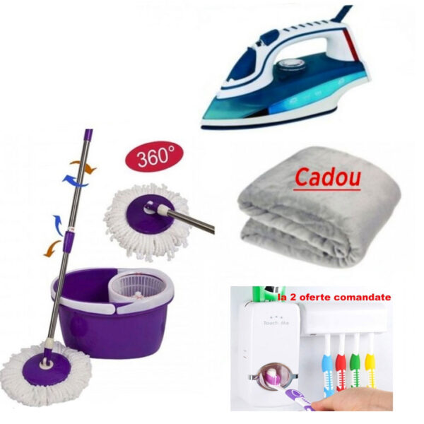 Mop Rotativ cu Galeata Hurricane Spin + FIER de Calcat cu abur + Cadou o Patura pufoasa fleece! La 2 pachete comandate primesti un Dozator pasta de dinti cu suport de periute!