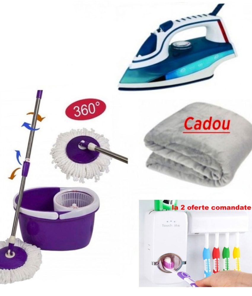 Mop Rotativ cu Galeata Hurricane Spin + FIER de Calcat cu abur + Cadou o Patura pufoasa fleece! La 2 pachete comandate primesti un Dozator pasta de dinti cu suport de periute!