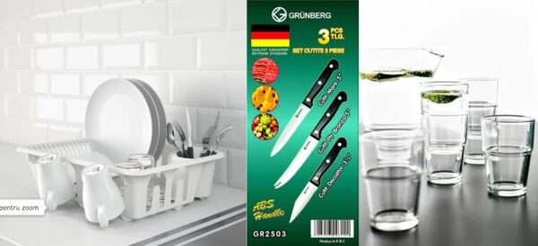 Uscator de vase cu suport special de pahare, alb + Set 6 pahare, sticla + CADOU set de 3 cutite inox!