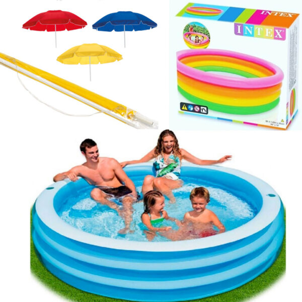 Piscina Family Intex, gonflabila, 4 inele, capacitate 780l + Cadou Umbrela de plaja, diametru 1,5m, diferite culori!