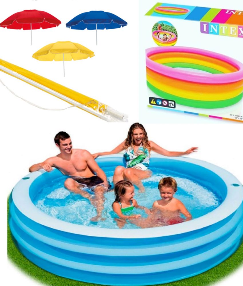 Piscina Family Intex, gonflabila, 4 inele, capacitate 780l + Cadou Umbrela de plaja, diametru 1,5m, diferite culori!