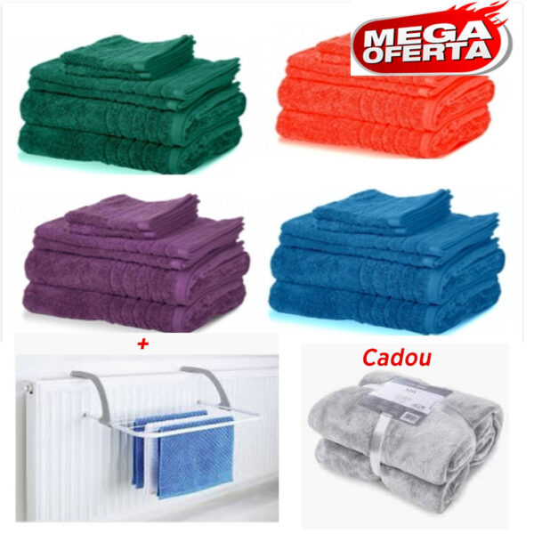 Set 6 prosoape bumbac Pakistanez + Uscator de rufe inox, pentru calorifer sau balcon + CADOU patura pufoasa fleece!