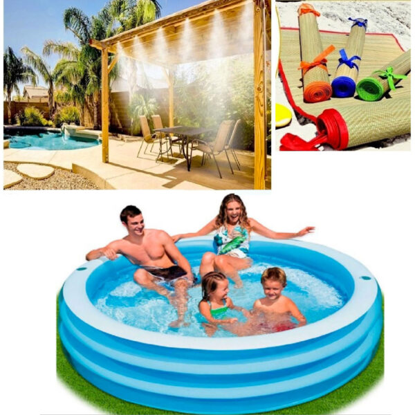 Sistem de Racire Terasa prin pulverizare 10m sau 20m + Piscina Family Intex, 4 inele, 665l + CADOU rogojina de plaja, bambus!