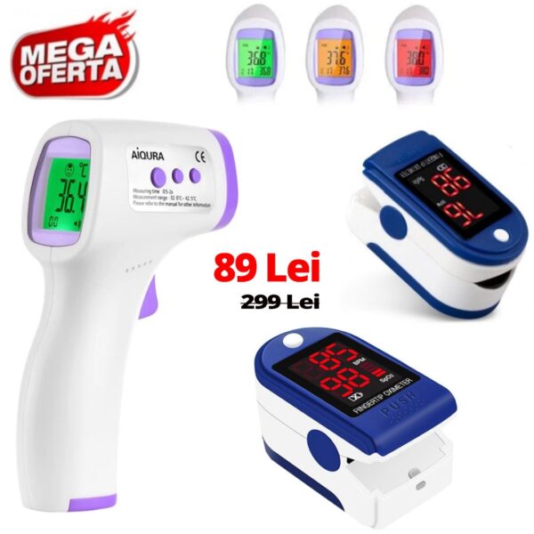 Termometru digital non contact cu infrarosu, Certificat medical + Pulse Oximetru pentru masurarea saturatiei de oxigen din sange (SpO2) si masurarea pulsului