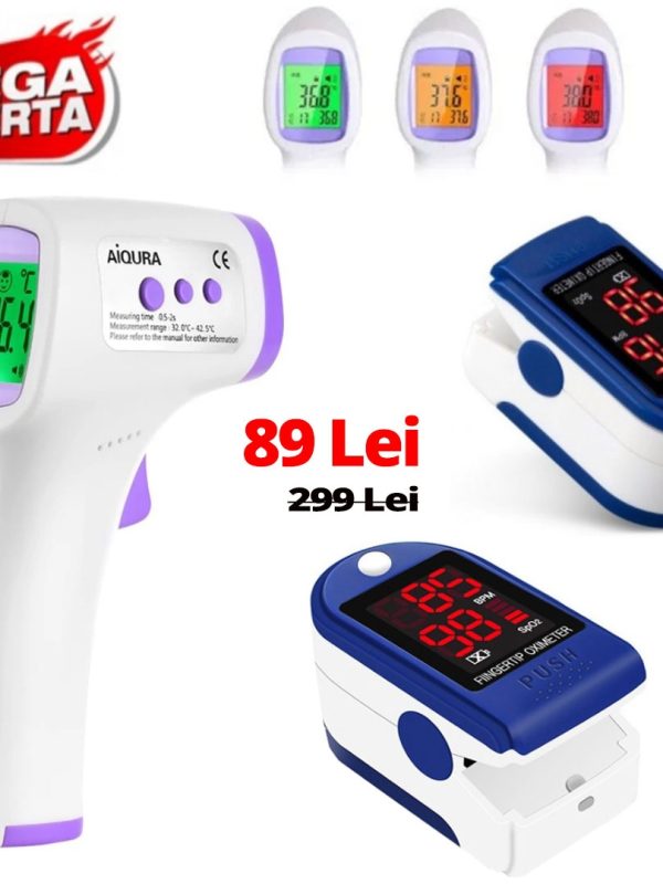 Termometru digital non contact cu infrarosu, Certificat medical + Pulse Oximetru pentru masurarea saturatiei de oxigen din sange (SpO2) si masurarea pulsului