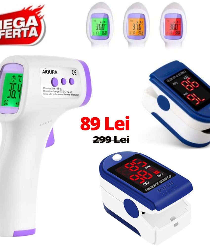 Termometru digital non contact cu infrarosu, Certificat medical + Pulse Oximetru pentru masurarea saturatiei de oxigen din sange (SpO2) si masurarea pulsului