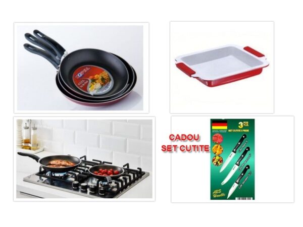 Set 3 Tigai Delis, otel carbon teflonat + Tava Pentru Cuptor Ertone, ceramica + CADOU Set 3 cutite profesionale
