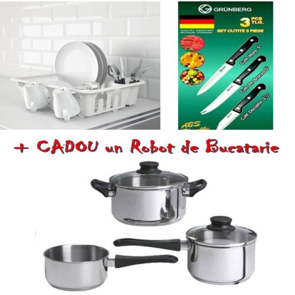Set de gatit 5 piese: 3 oale inox, 2 capace yena + Suport/uscator de vase alb + Set 3 cutite inox + CADOU un tocator alimente chopper! La 2 Seturi comandate ai cadou set 6 Pahare!