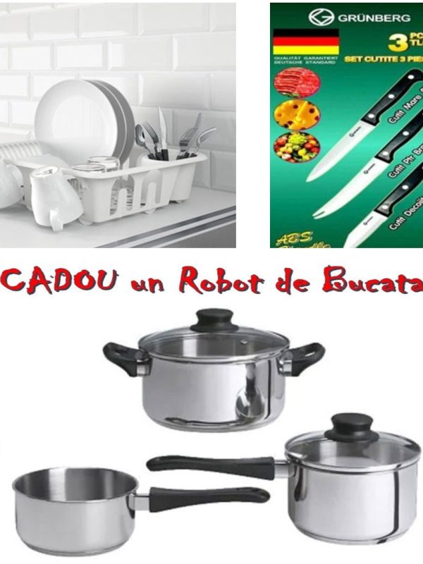 Set de gatit 5 piese: 3 oale inox, 2 capace yena + Suport/uscator de vase alb + Set 3 cutite inox + CADOU un tocator alimente chopper! La 2 Seturi comandate ai cadou set 6 Pahare!