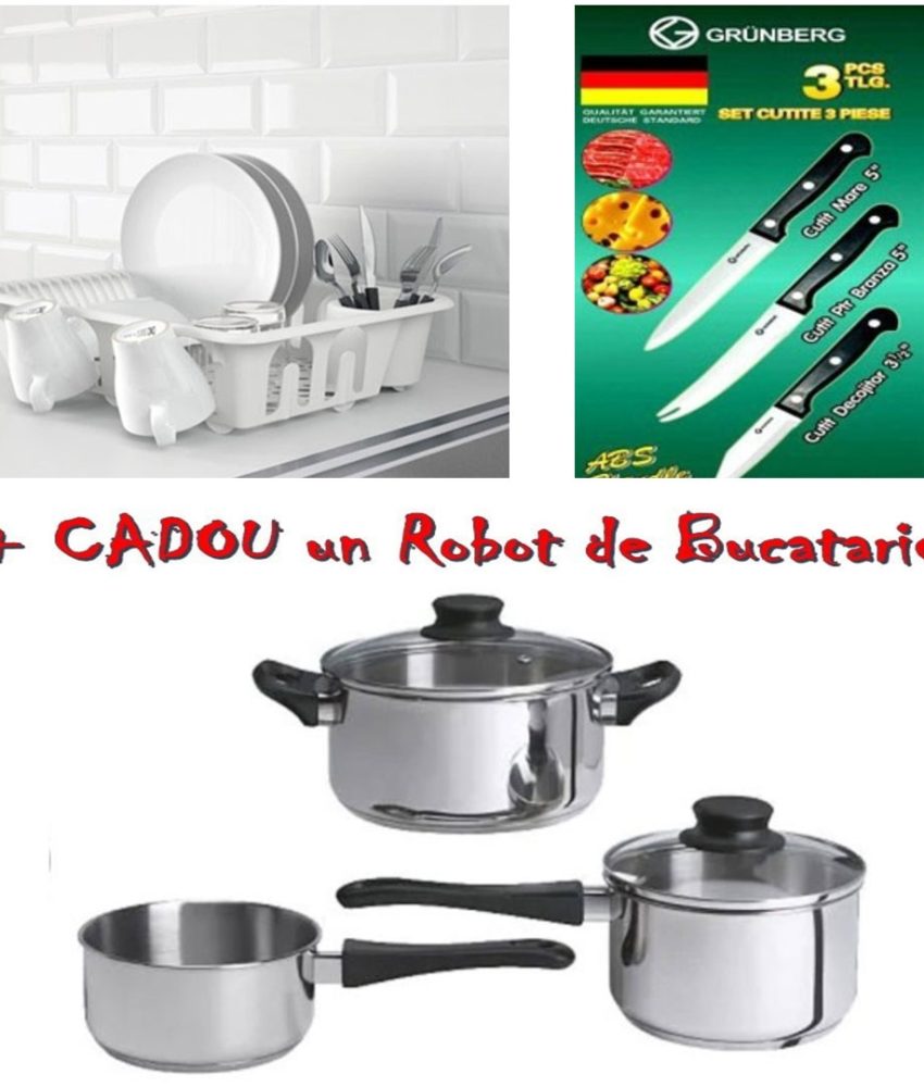 Set de gatit 5 piese: 3 oale inox, 2 capace yena + Suport/uscator de vase alb + Set 3 cutite inox + CADOU un tocator alimente chopper! La 2 Seturi comandate ai cadou set 6 Pahare!