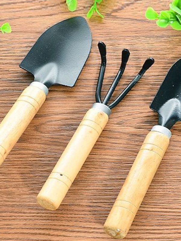 Set 3 ustensile pentru gradinarit, cu maner din lemn lacuit