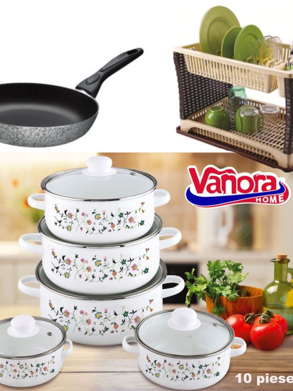 Set Premium Oale si Cratite 10 piese, model traditional + Suport de vase etajat cu tava de scurgere, tip ratan + Tigaie teflon 24cm