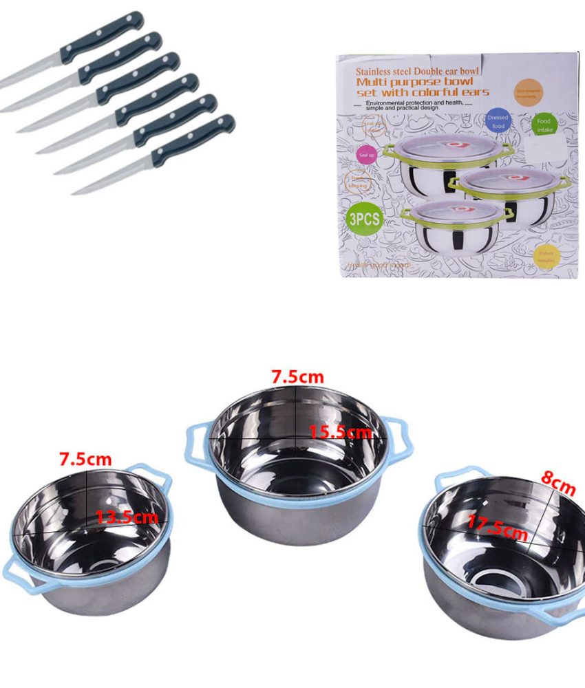 Set 3 boluri inox cu capace ermetice si manere + Set 6 cutite inox pentru friptura