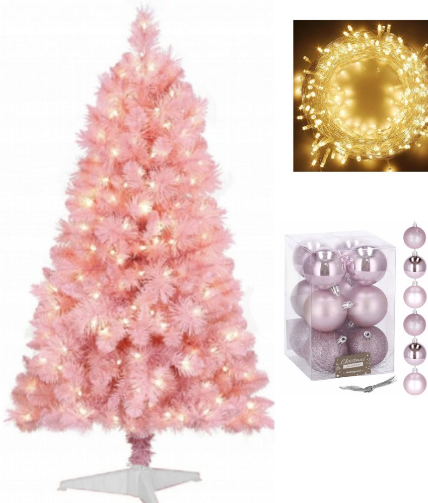 Brad artificial roz de Craciun, 1,8m, suport de brad, instalatie luminoasa + Cadou set 12 globuri