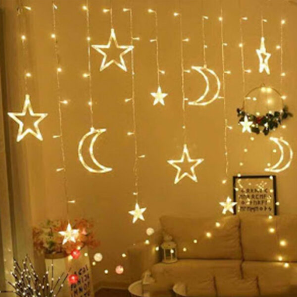 Instalatie Craciun - perdea luminoasa Stele si Luna cu 12 figurine , 4 m, Interconectabila, Alb cald