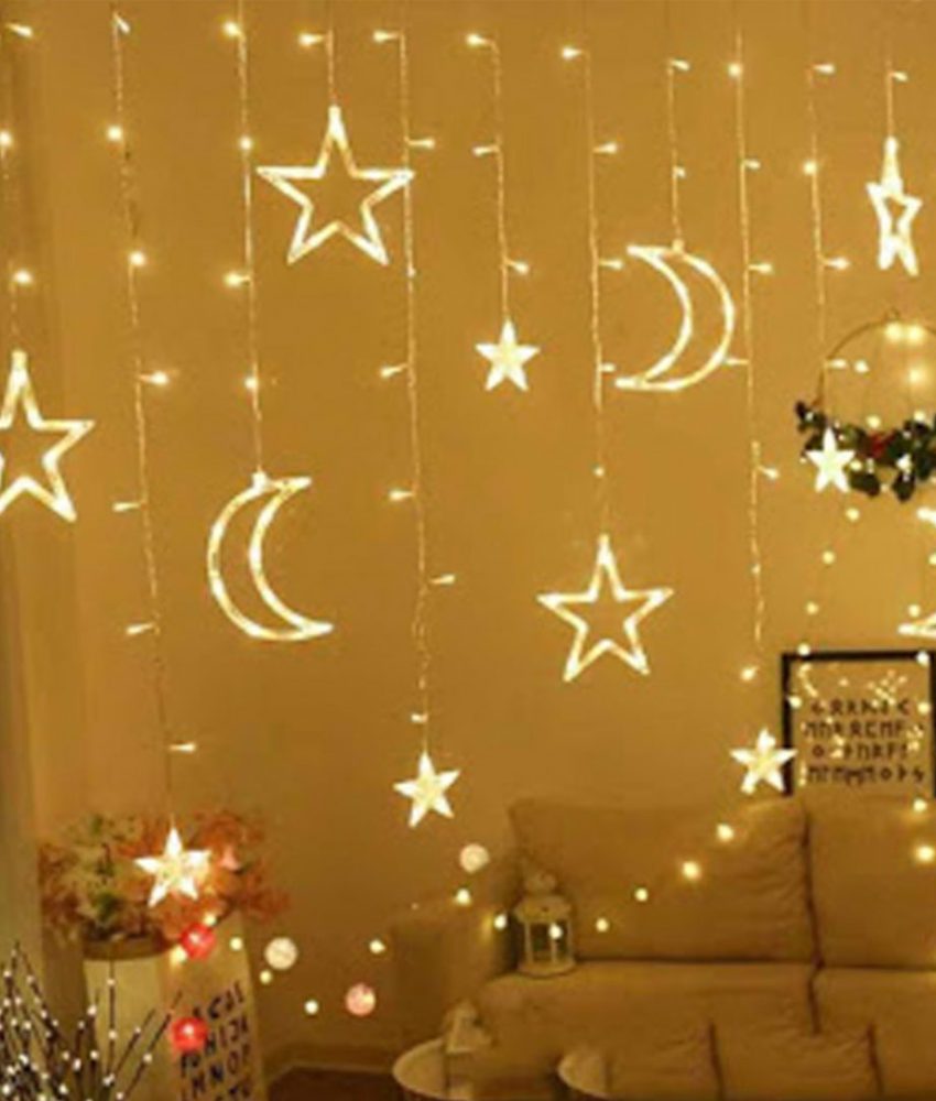 Instalatie Craciun - perdea luminoasa Stele si Luna cu 12 figurine , 4 m, Interconectabila, Alb cald
