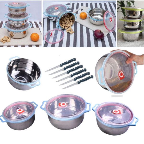 Set 3 boluri inox cu capace ermetice si manere + Set 6 cutite inox pentru friptura