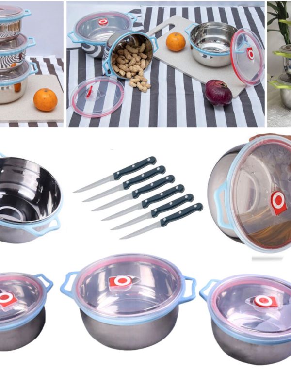 Set 3 boluri inox cu capace ermetice si manere + Set 6 cutite inox pentru friptura