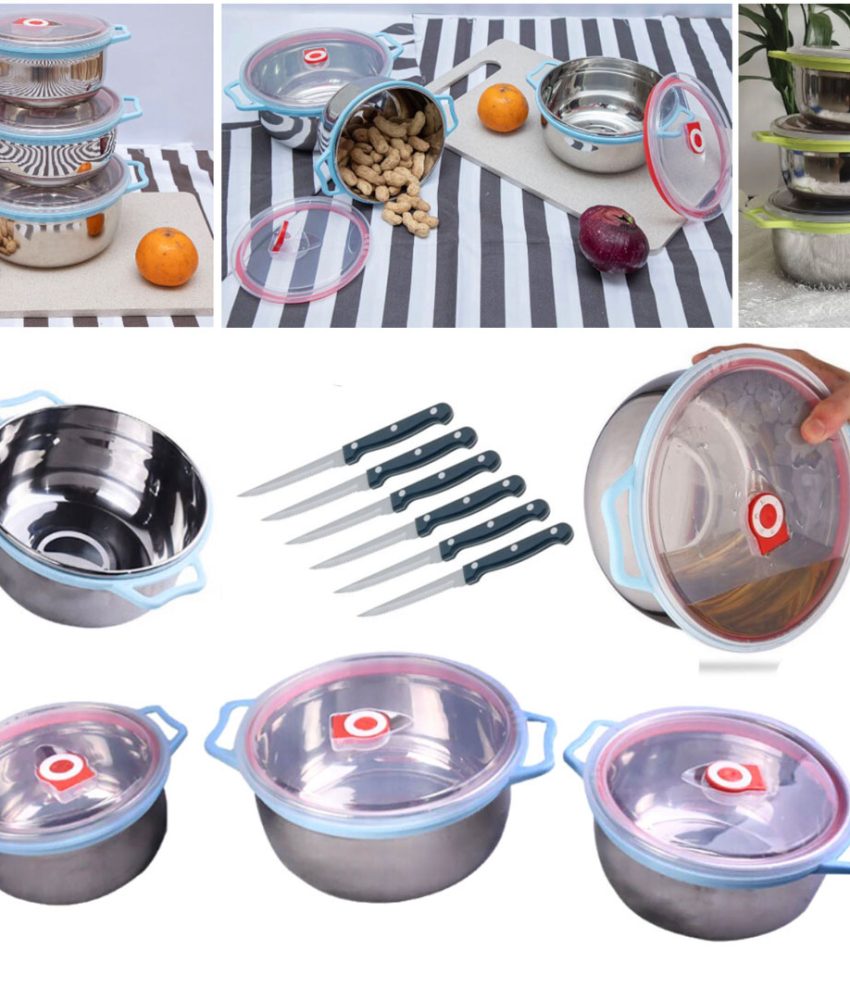 Set 3 boluri inox cu capace ermetice si manere + Set 6 cutite inox pentru friptura