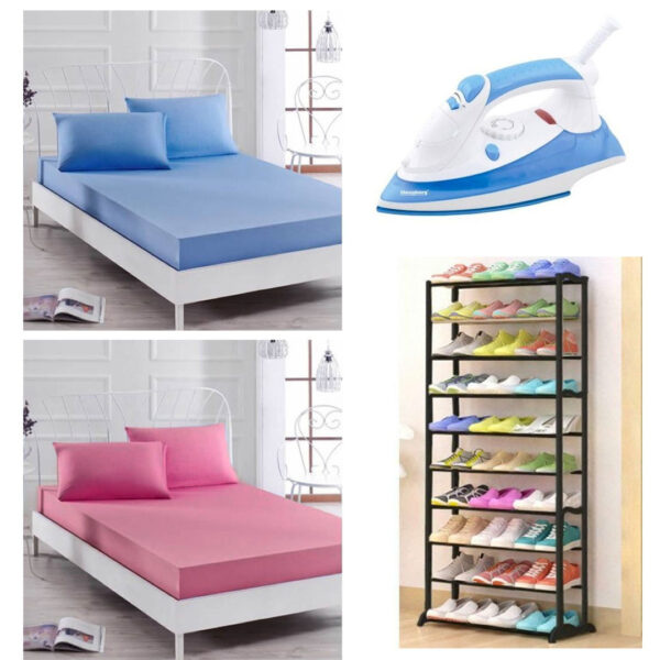 Fier de calcat cu aburi, talpa ceramica, 1200W + Suport de incaltaminte, Shoe Rack, pentru 30 de perechi + Husa saltea Jersey cu 2 fete de perna, diferite culori