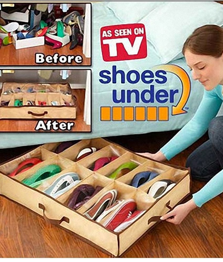 1+1 Cadou, Organizatoar pantofi, 12 compartimente, material textil, bej