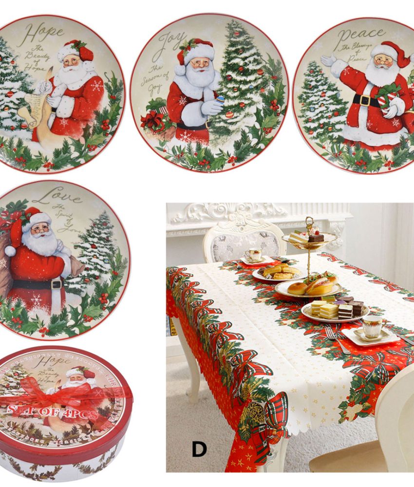 Fata de masa cu motive de Craciun 150x180cm + Set Farfurii din Portelan de Craciun Vintage Mos Craciun 19cm, 4buc